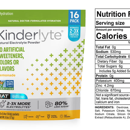 3D rendering of KinderLyte® 16ct Powder bag and Nutrition Facts against a plain background.