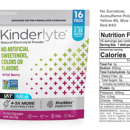 3D rendering of KinderLyte® 16ct Powder bag and Nutrition Facts against a plain background.