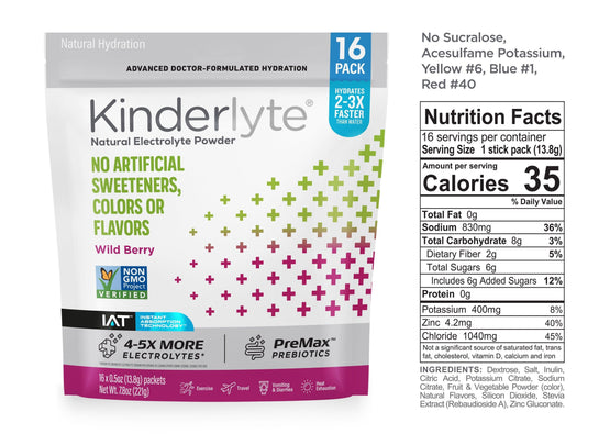 3D rendering of KinderLyte® 16ct Powder bag and Nutrition Facts against a plain background.