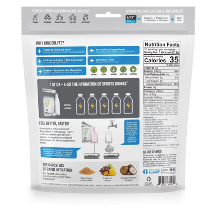 3D rendering of the back of a KinderLyte® 16ct Powder bag.