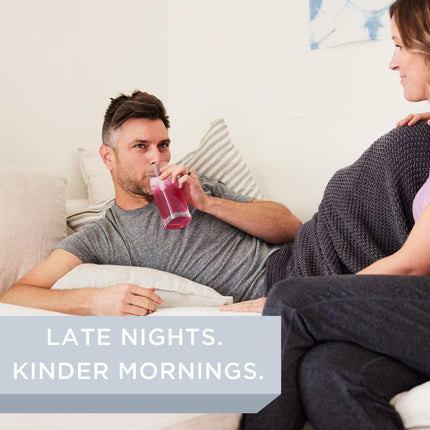 Image of a person lounging drinking a glass of KinderLye with text that reads: “Late Nights. Kinder Mornings.”